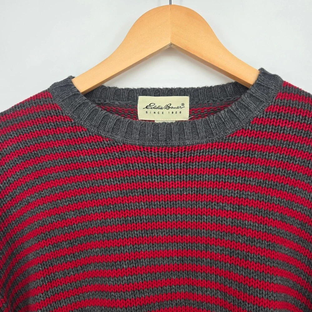 Vintage Eddie Bauer Mens M Red Gray Striped 100% Cotton Crewneck Knit Sweater